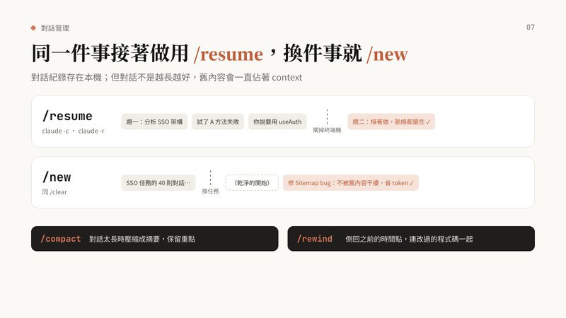 同一件事接著做用 /resume，換件事就 /new